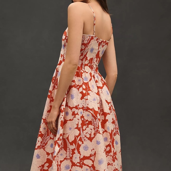 Maeve Anthropologie Sleeveless Midi Dress Ruched Back sz XS Red Floral NWT - Picture 2 of 6